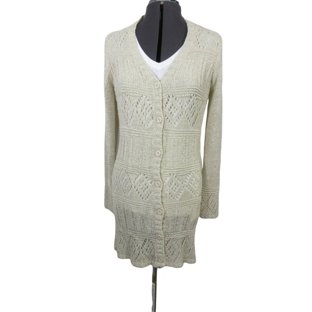 BCBGMaxazria women's ecru open knit crochet button front long cardigan